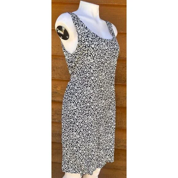 Handmade Black & White Floral Sleeveless Sun Dress W/ Waist Tie Lightweight Medi - Picture 5 of 7
